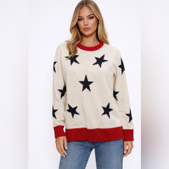 Sail to Sable Sweaters - Sail to Sable Star Sweater Cream Navy Red Trim Size Small 17” PTP